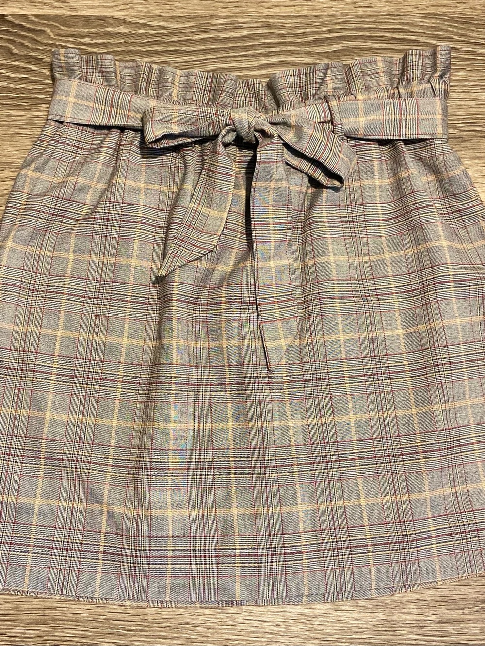 Express Plaid Paperbag Waist Mini Skirt in Gray with Red and Cream Lines